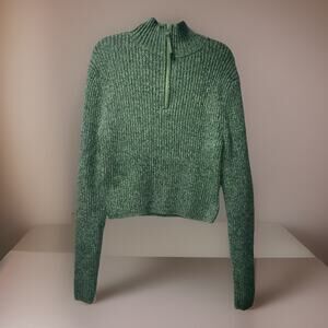 Aerie Sweater Women XL Green 1/4 Zip Casual Crew Oversized Collar Long Cropped